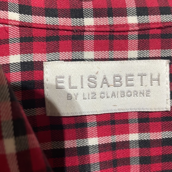 Elizabeth 2x vintage plaid red black white long blouse rayon polyester euc - Picture 2 of 9
